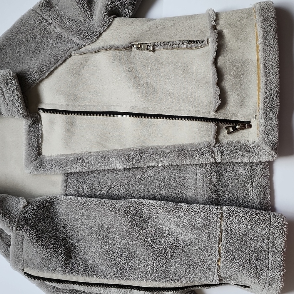 Peridot Paris Moto Style Faux Suede Grey Shearling Jacket - Picture 10 of 15